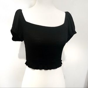 Black shirred puff sleeve crop top